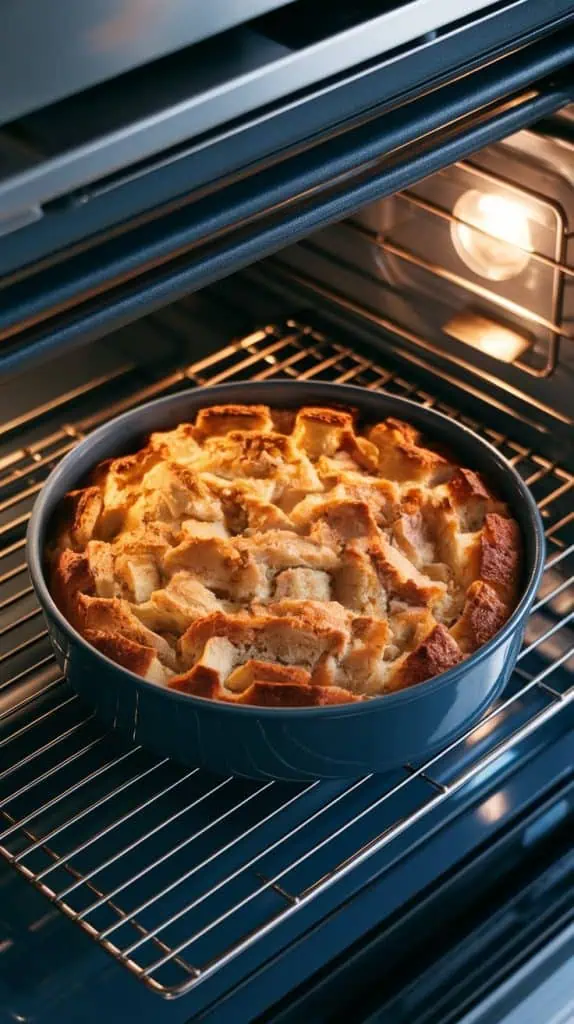 baking round dish inside a modern stainless steel double oven, filled with banana bread pudding as it bakes