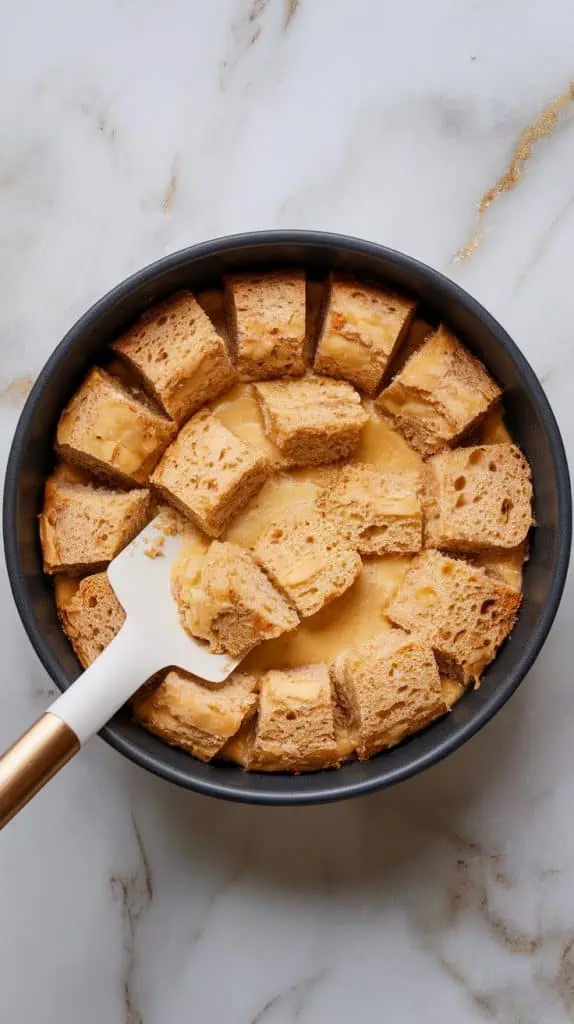 baking round dish filled with uncooked custard-soaked banana bread, partially broken down but still showing some visible bread pieces
