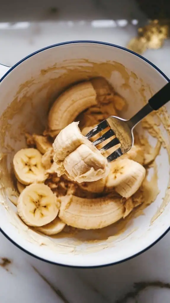 a fork mashing ripe bananas in a white mixing bowl, showing their soft, creamy texture