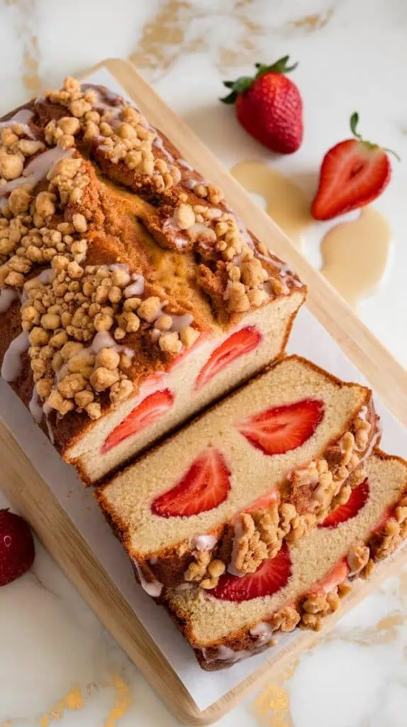 baked Strawberry Shortcake Banana Bread on a cutting board
