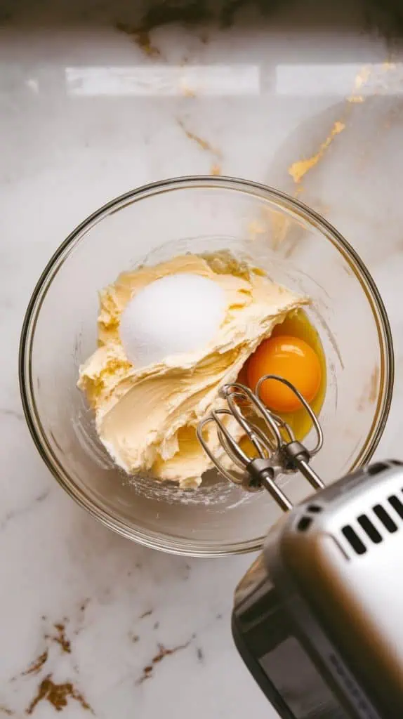  a medium glass mixing bowl with softened cream cheese, granulated sugar, a cracked egg, and vanilla extract being mixed with a hand mixer