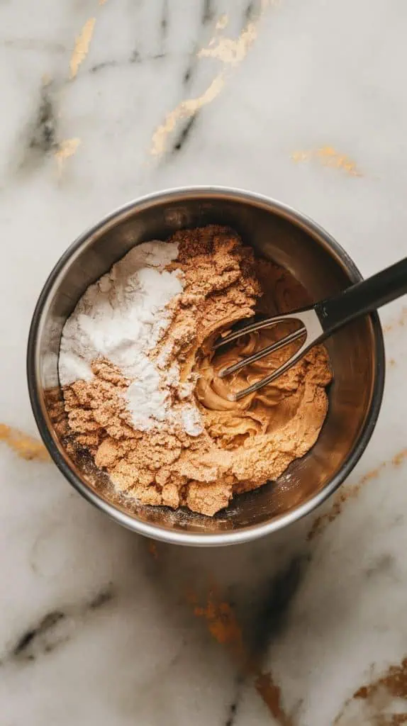 a small mixing bowl with brown sugar, flour, cinnamon, and melted butter being mixed with a fork into a crumbly texture