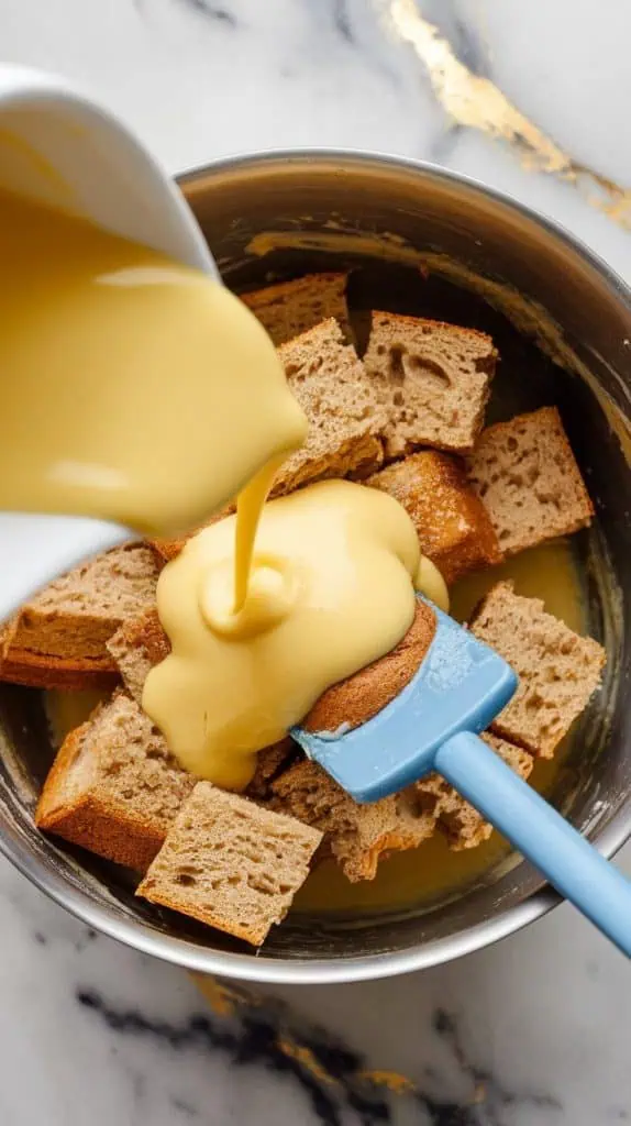 custard being poured over cubed banana bread in a mixing bowl. A spatula gently presses the bread into the liquid to soak up the mixture