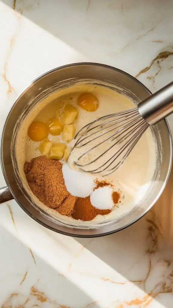 a mixing bowl with mashed bananas, cracked eggs, milk, brown sugar, granulated sugar, vanilla extract, cinnamon, salt, and melted butter being whisked together into a creamy custard mixture