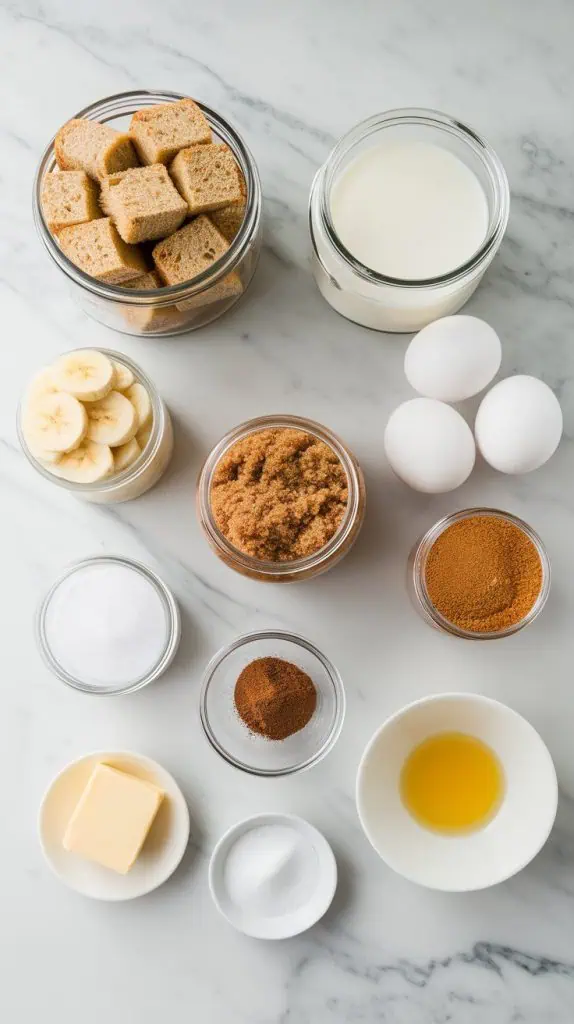 a small plate of cubed banana bread, a small plate of mashed bananas, a small plate of whole milk, a small plate of eggs, a small plate of brown sugar, a small plate of granulated sugar, a small plate of vanilla extract, a small plate of cinnamon, a small plate of salt, and a small plate of melted butter