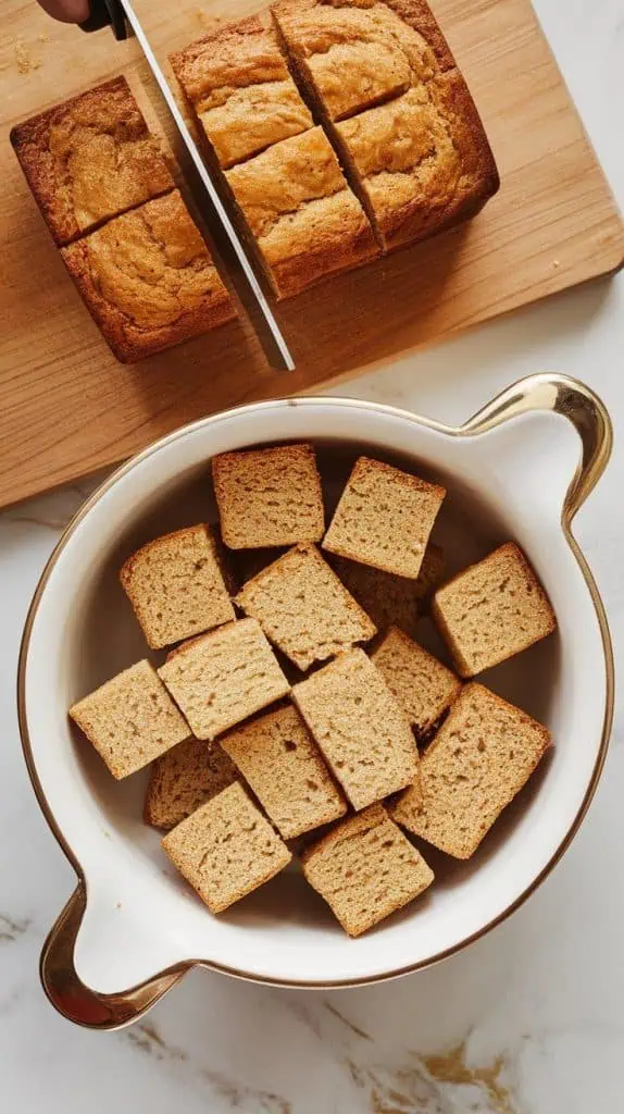 banana bread being cut into 1-inch cubes on a wooden cutting board, the texture soft with golden brown edges