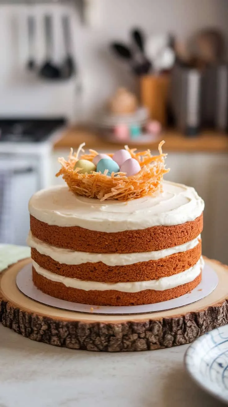 A beautifully decorated carrot cake with cream cheese frosting and colorful candy eggs on top.