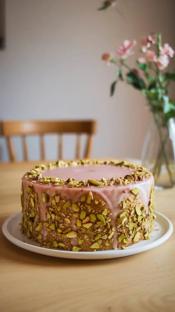 A beautifully decorated pistachio rosewater cake with chopped pistachios on the sides and a rosewater icing on top.