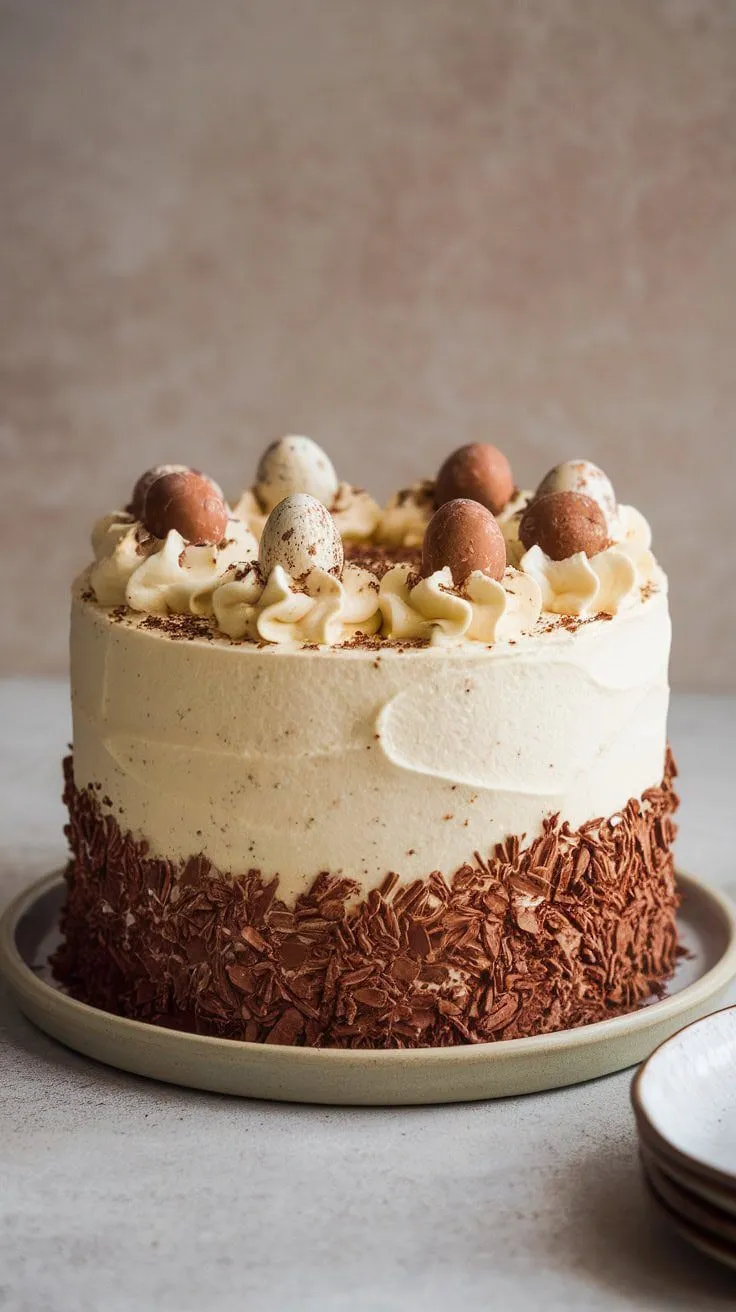 A beautifully decorated speckled egg malt cake for Easter.