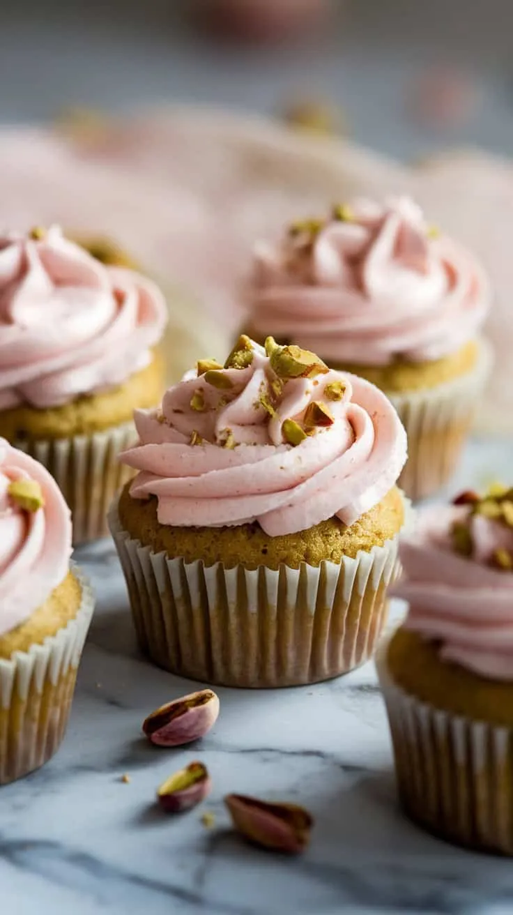 Delicious pistachio rose cupcakes topped with pink frosting and pistachio pieces.