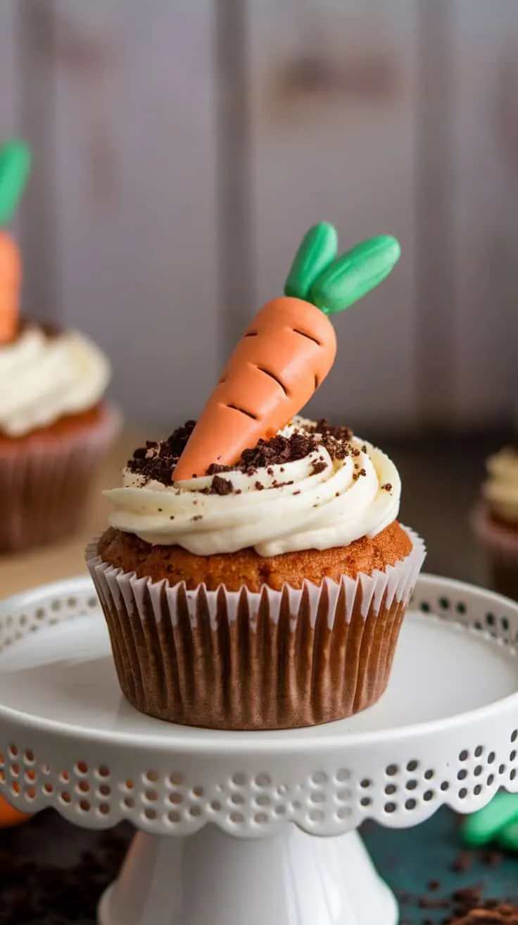 Carrot Patch Cupcakes with cream cheese frosting and candy carrots on top