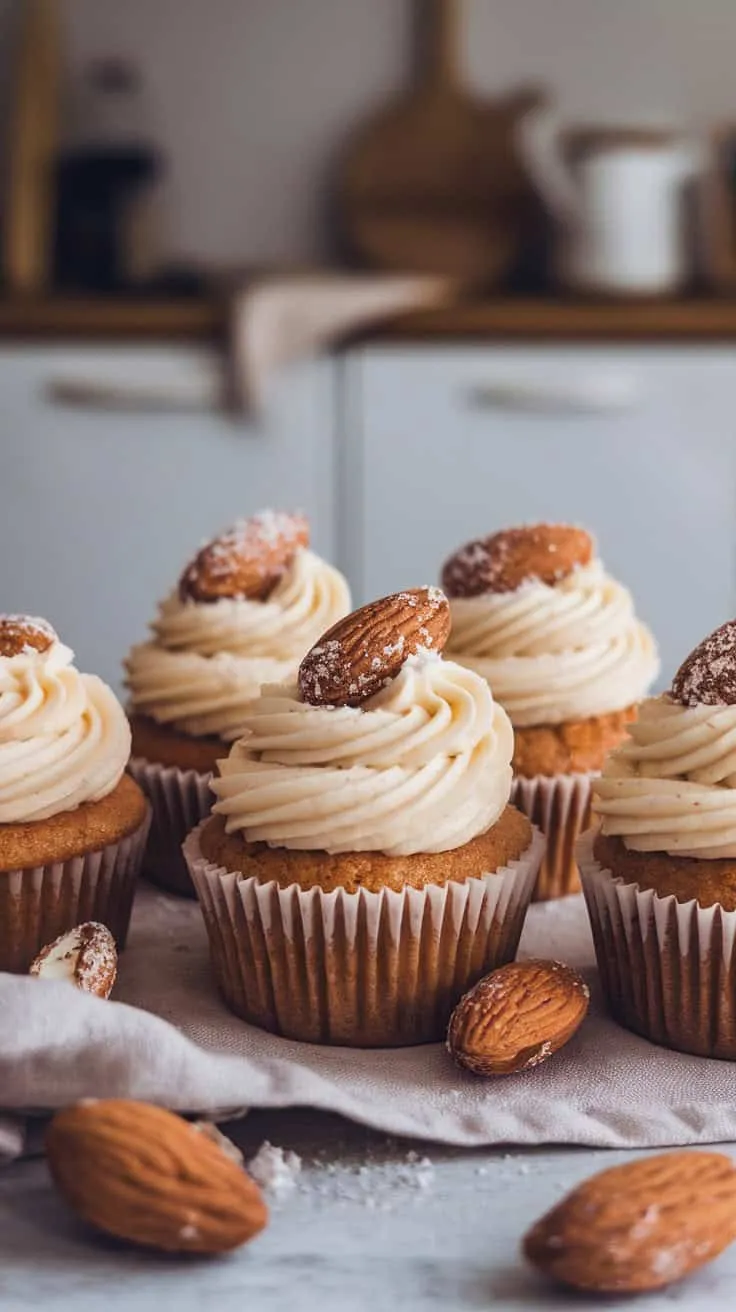 Delicious almond marzipan cupcakes topped with creamy frosting and garnished with almonds.