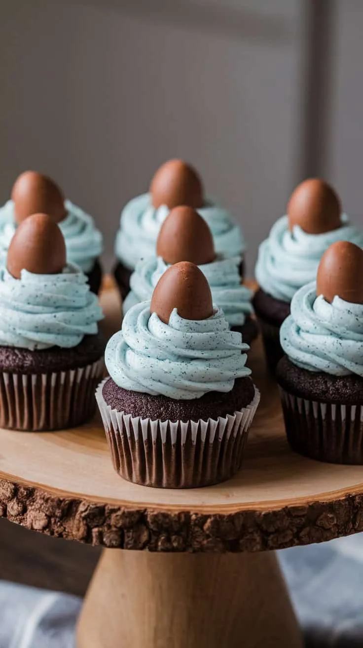 A display of Robin's Egg Cupcakes topped with blue frosting and chocolate eggs.