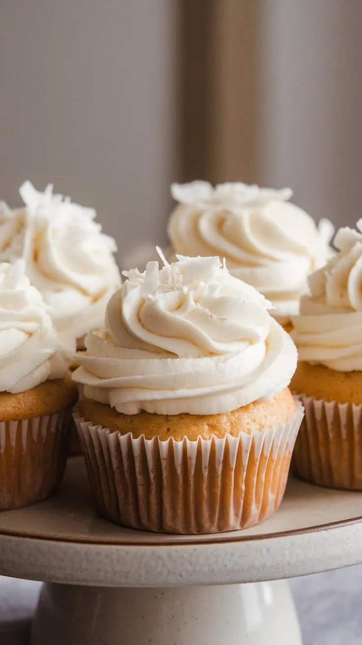 Coconut cream cupcakes with fluffy frosting.