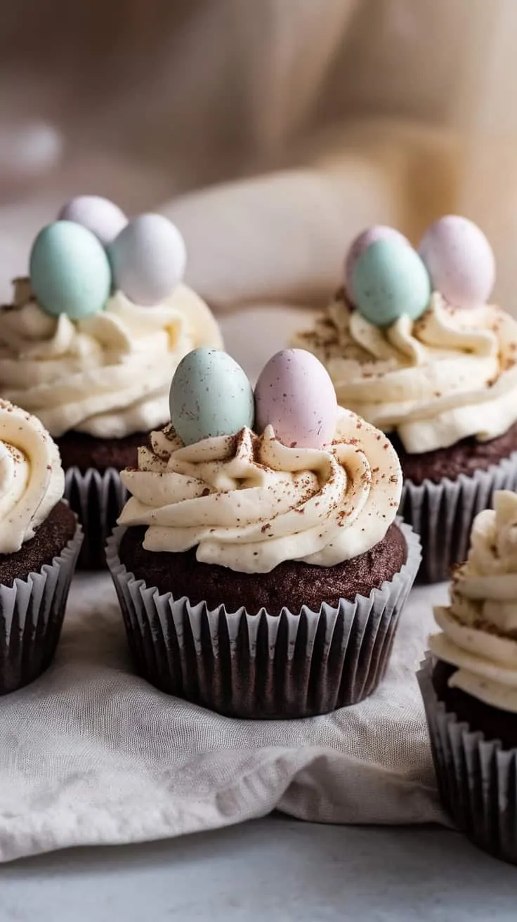 Delicious speckled egg malt cupcakes topped with creamy frosting and colorful mini eggs
