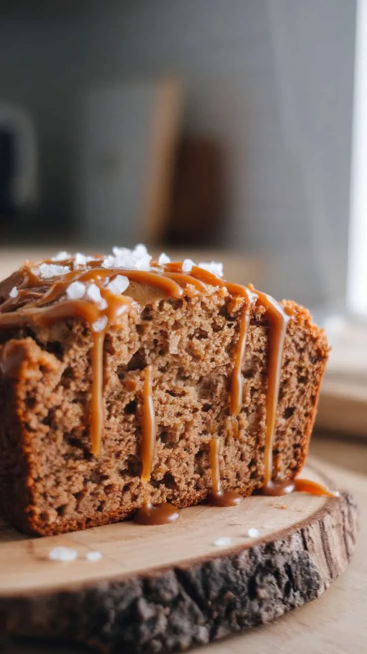 A loaf of salted caramel banana bread drizzled with caramel and sprinkled with sea salt, resting on a wooden board.