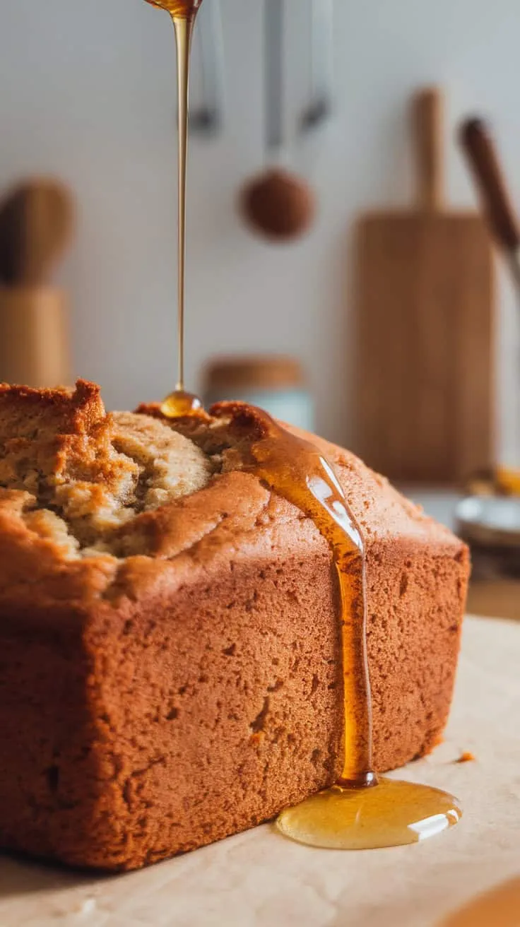 A loaf of banana bread with honey drizzling down the side.