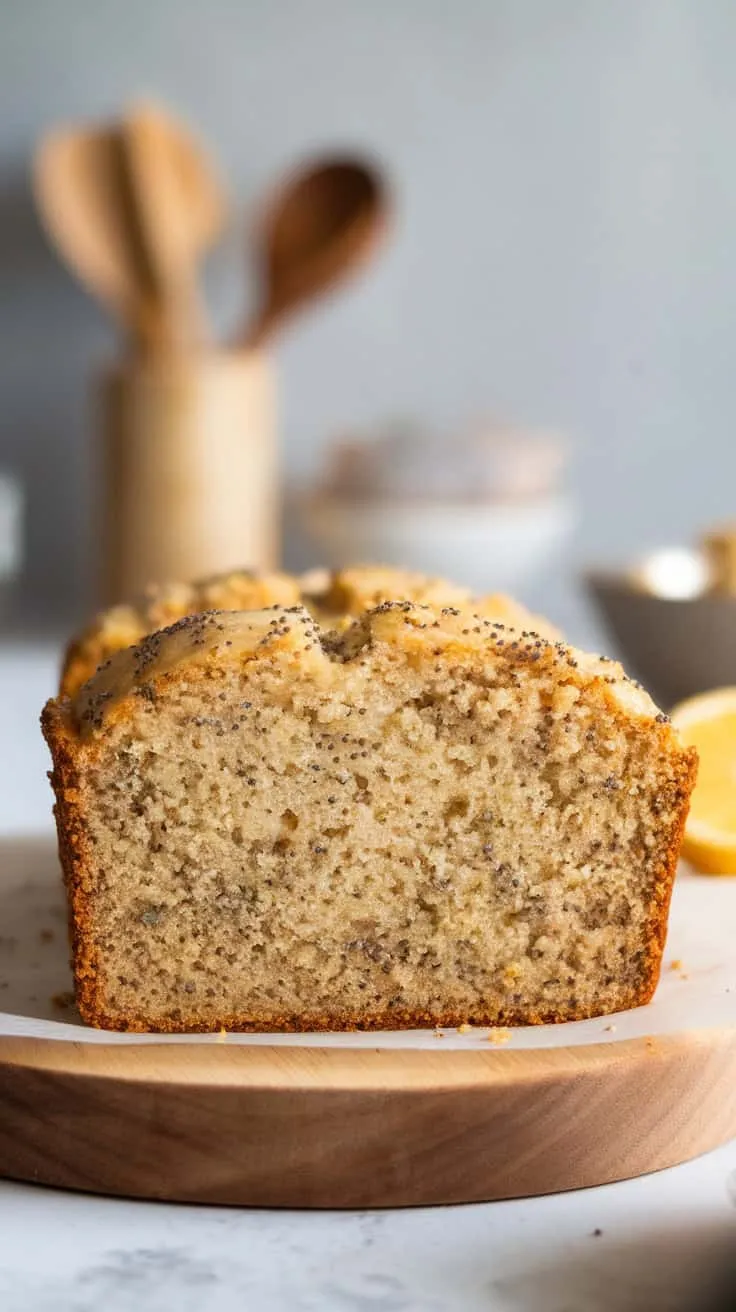 A loaf of lemon poppy seed banana bread on a wooden cutting board.