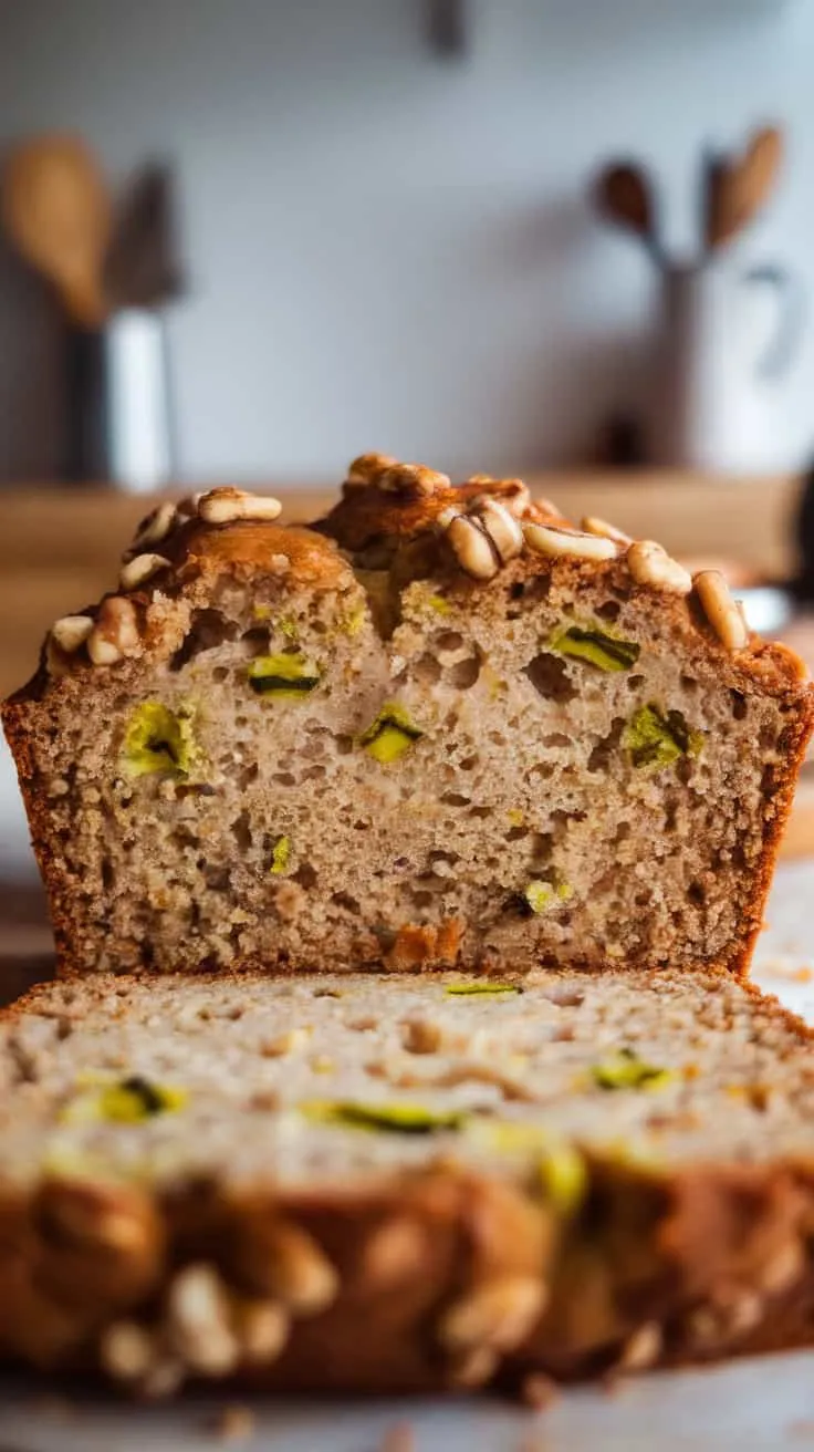 A sliced loaf of Zucchini Banana Nut Bread with visible green zucchini pieces and a nut topping.