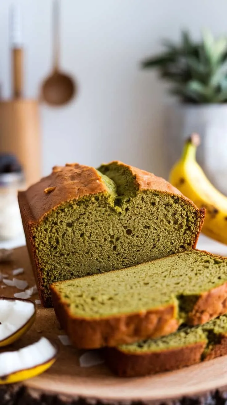Sliced matcha banana bread on a wooden board with bananas and coconut.