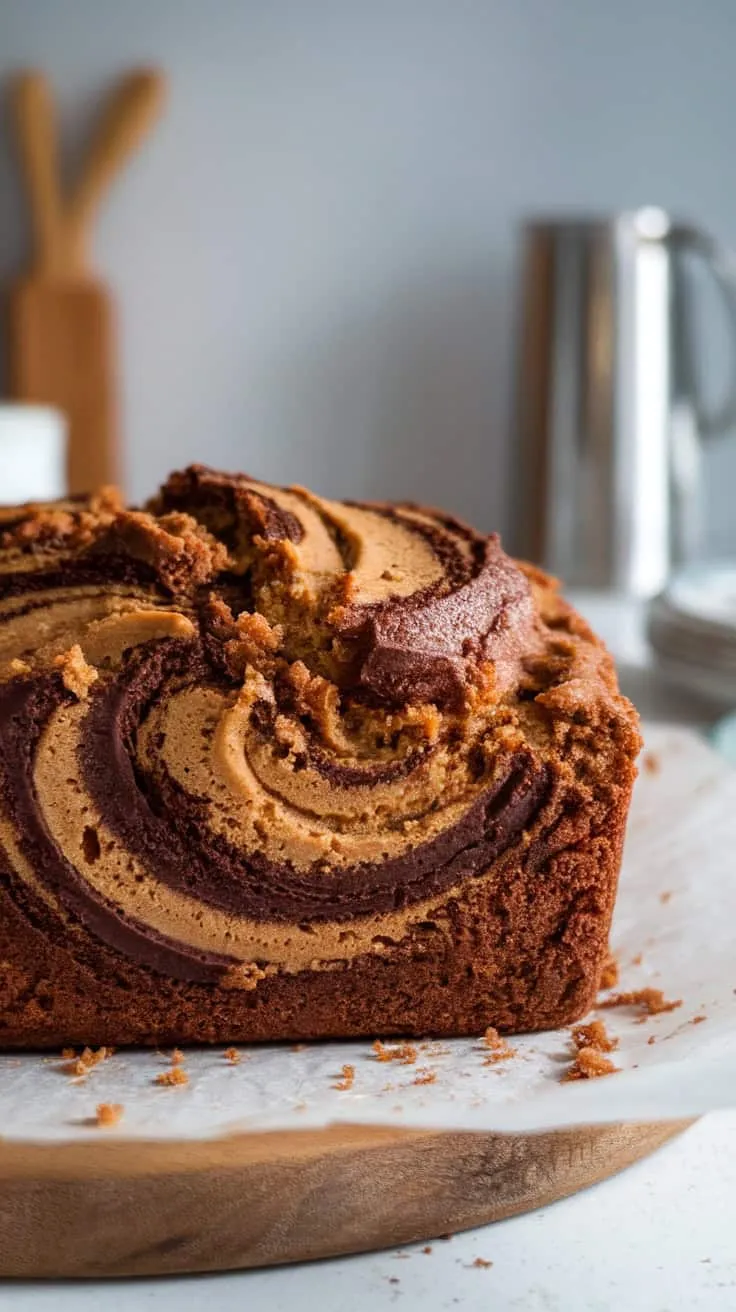 A loaf of peanut butter chocolate banana bread with a swirled pattern.