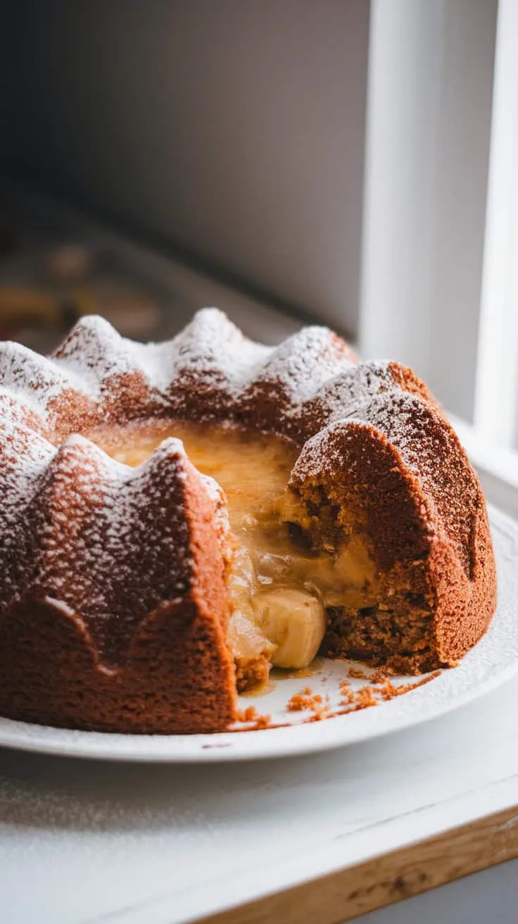 A slice of banana bread pudding cake on a plate, showcasing its fluffy texture and powdered sugar on top.