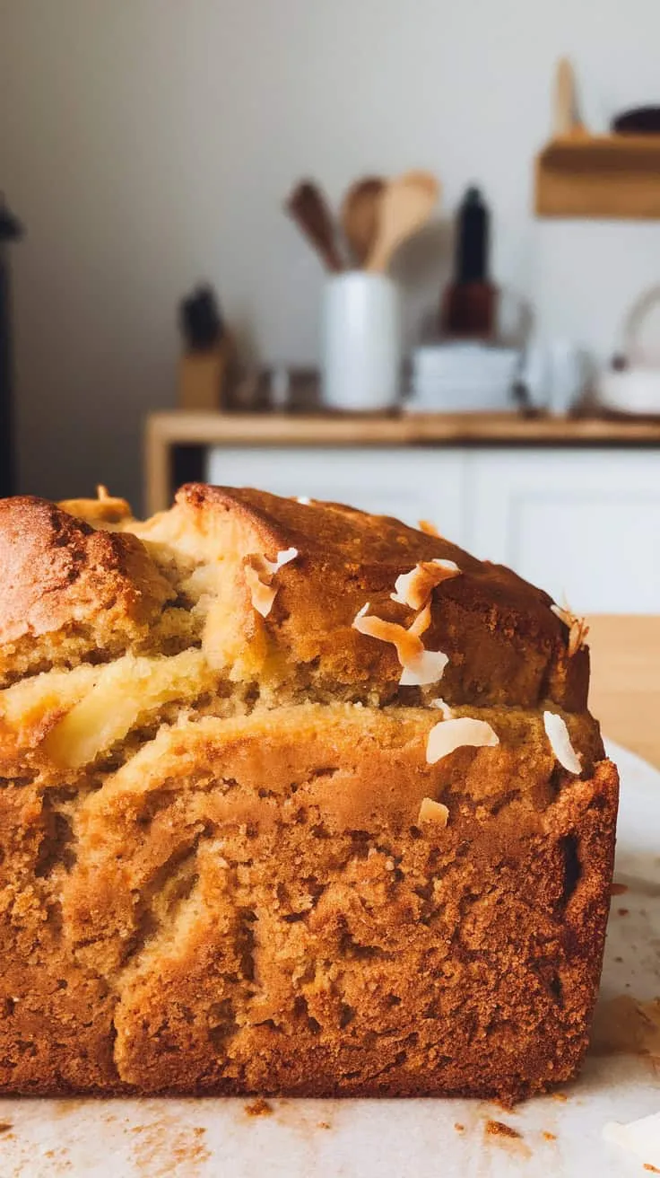 Coconut Pineapple Banana Bread on a countertop