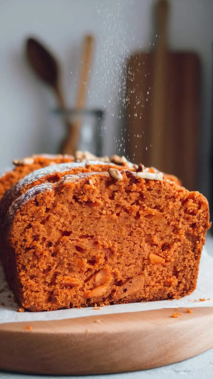 A loaf of almond flour carrot cake banana bread sliced on a wooden surface