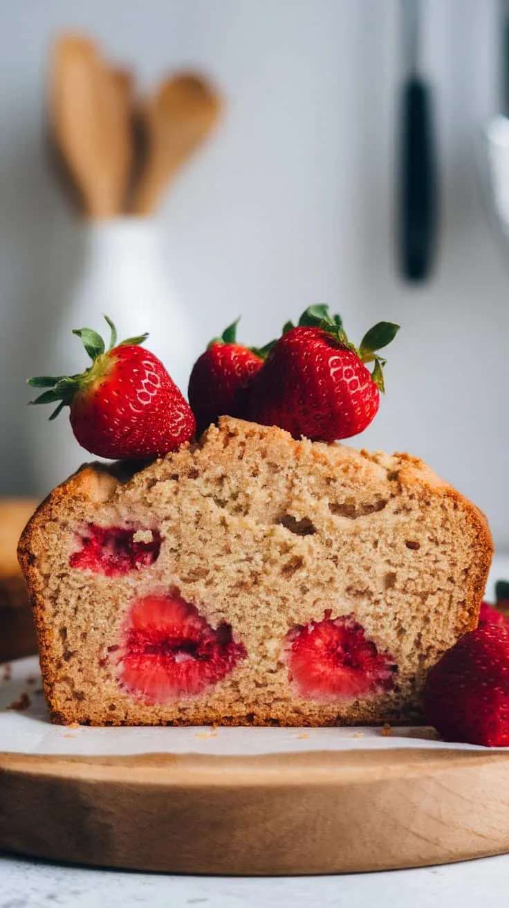 A loaf of strawberry shortcake banana bread with fresh strawberries on top, sliced to reveal the fruit inside.