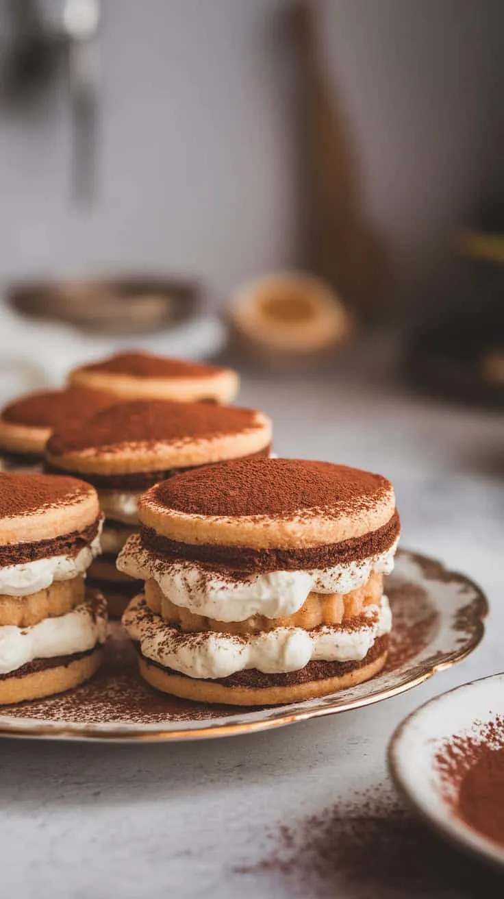 A plate of Tiramisu Cookie Sandwiches with cocoa powder on top.