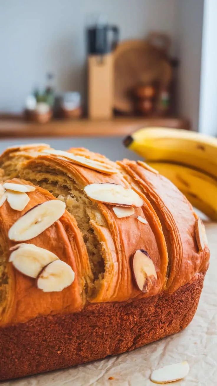 A loaf of almond croissant banana bread topped with almond slices, with bananas in the background.