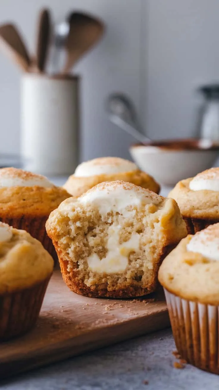 Banana cream cheese muffins with a bite taken out, showcasing the creamy filling.