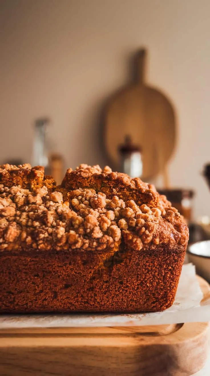 A loaf of Espresso Banana Bread with crumb topping on a wooden surface.