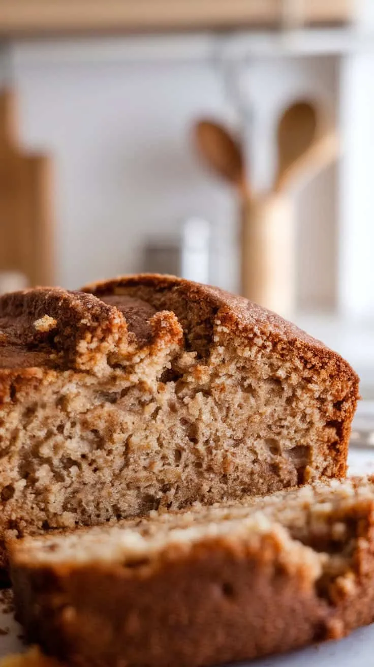 Freshly baked snickerdoodle banana bread with slices cut out.