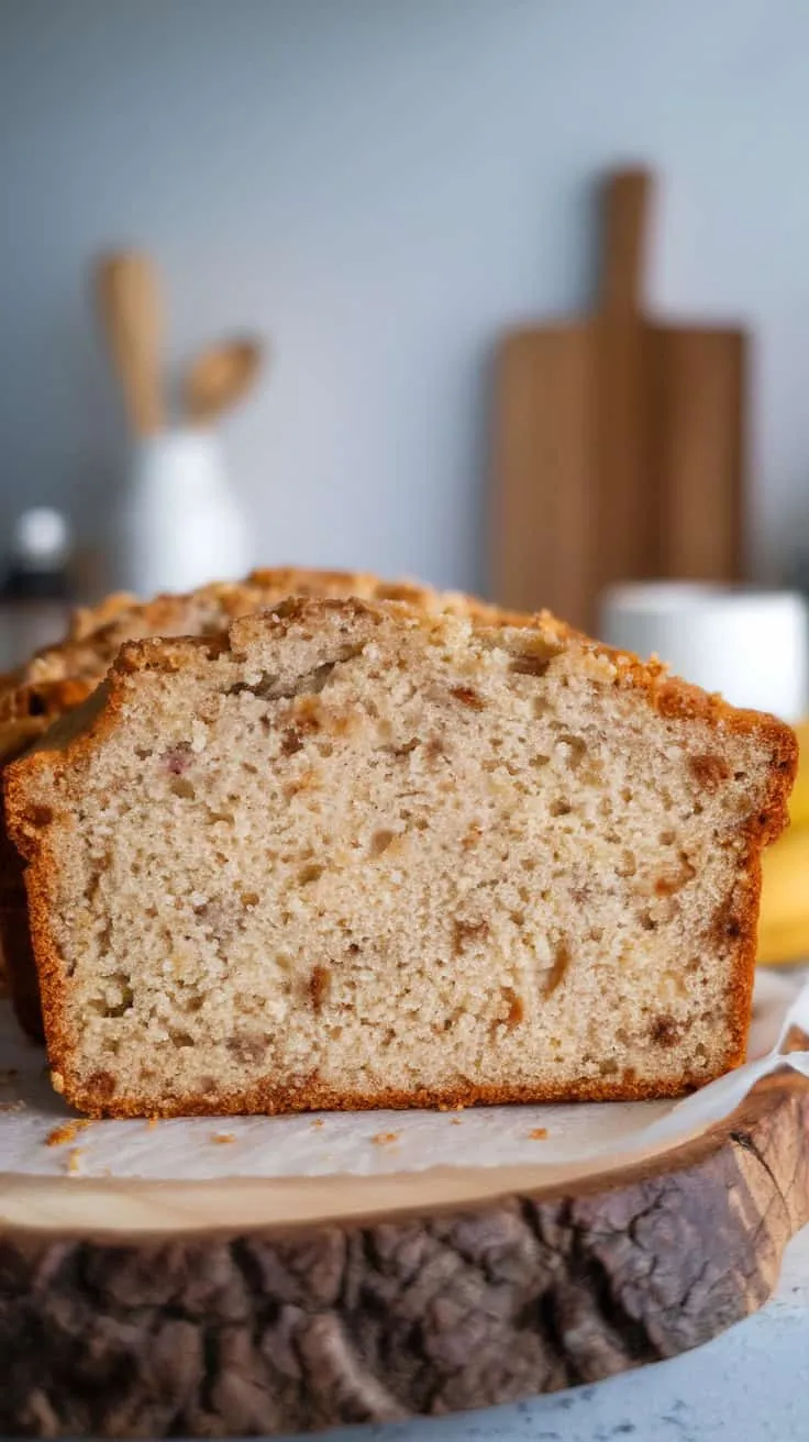 A loaf of cottage cheese banana bread sliced on a wooden board