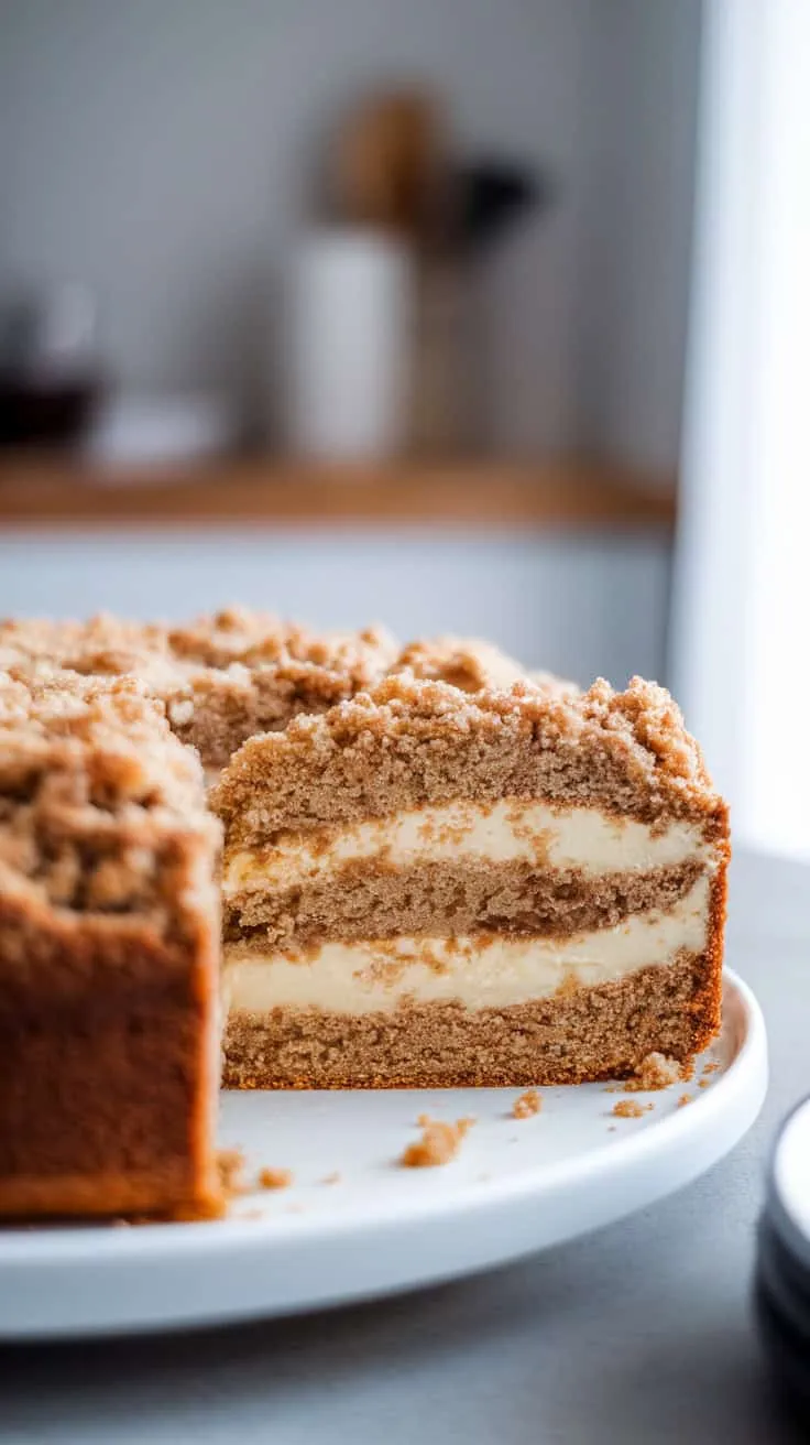 A slice of cream cheese banana bread coffee cake on a white plate
