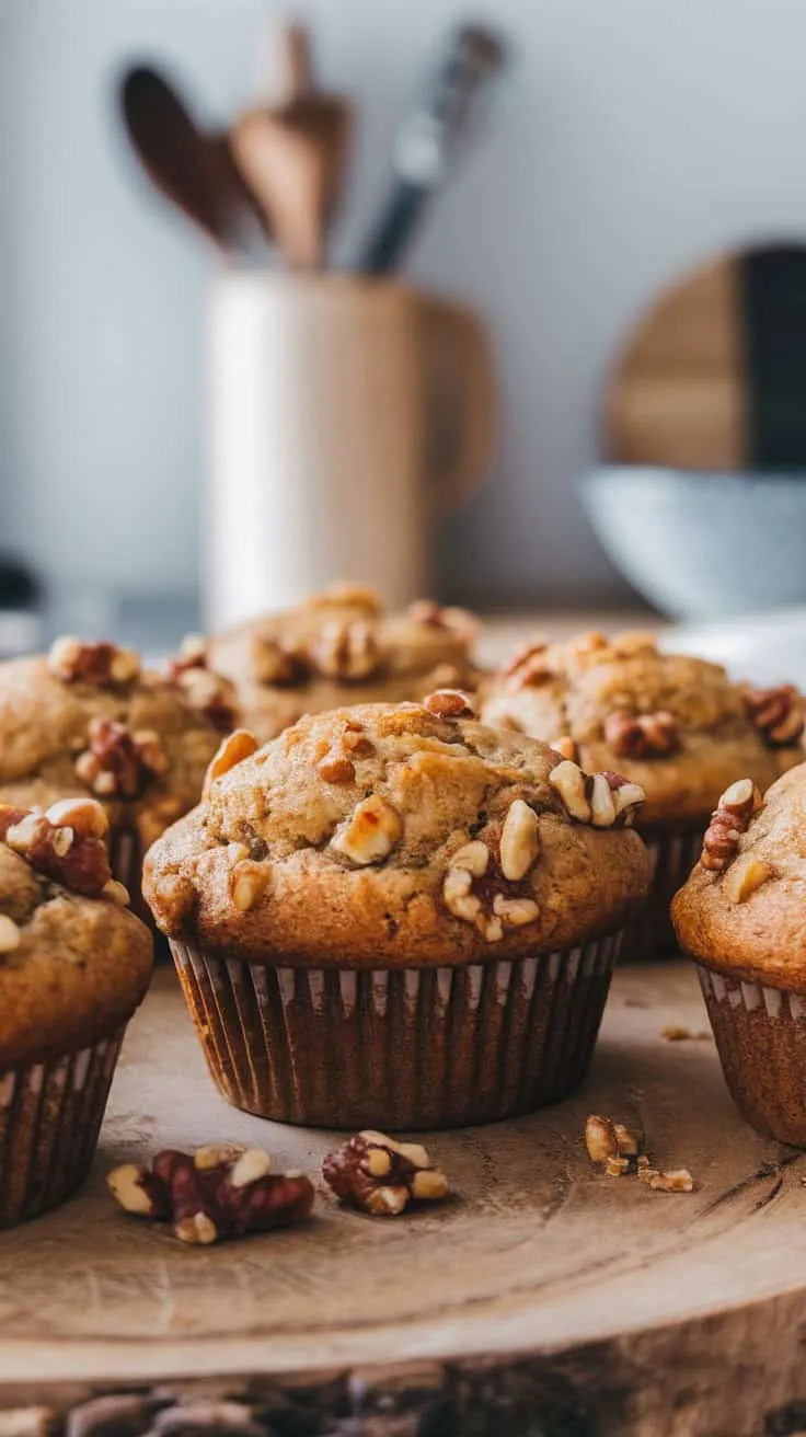 Brown Sugar Banana Nut Muffins on a wooden platter