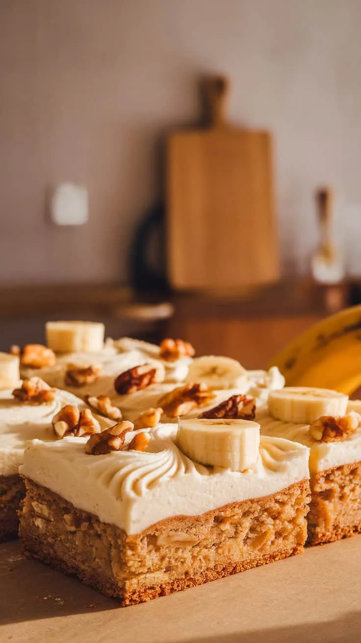 Delicious banana bars topped with cream cheese frosting and banana slices.