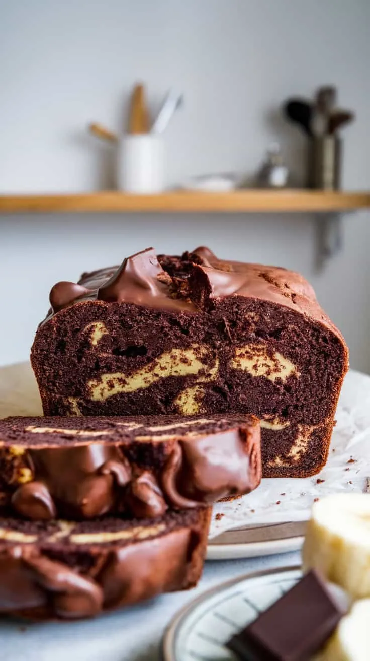 A loaf of double chocolate banana bread sliced to reveal a marbled interior