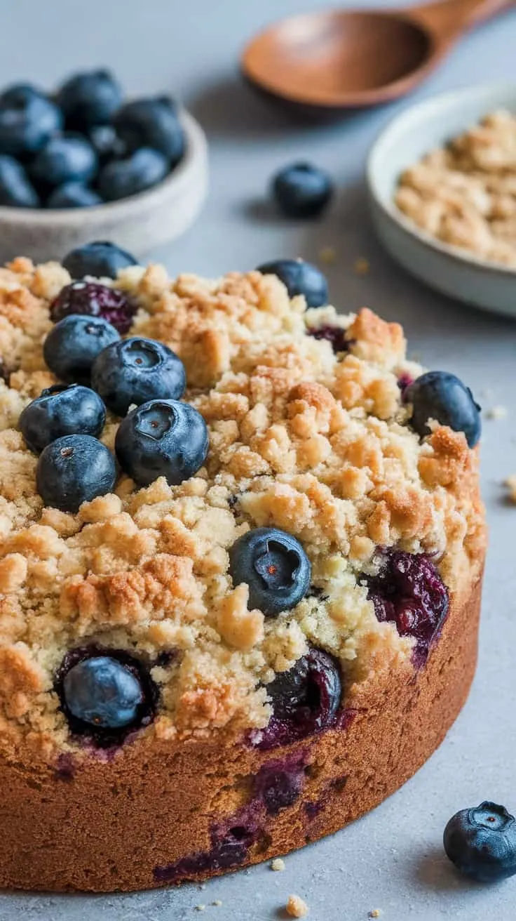 A loaf of blueberry banana bread topped with crumb topping and blueberries.