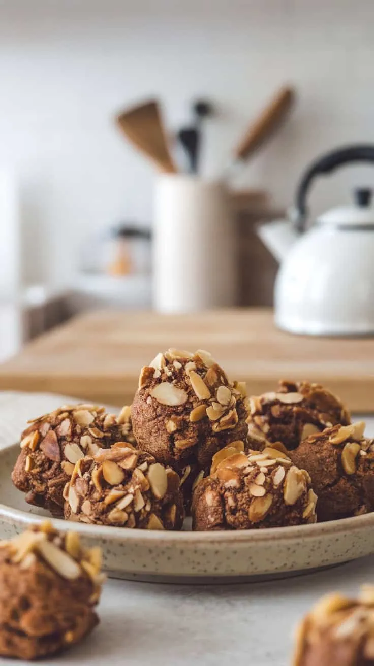 A plate of delicious espresso almond bites topped with sliced almonds.