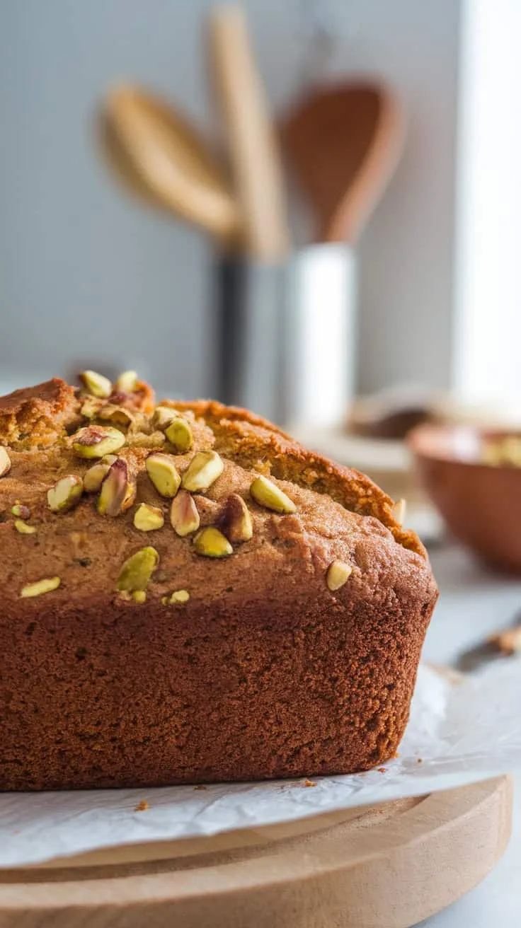 A loaf of banana bread topped with pistachios, sitting on a wooden cutting board.
