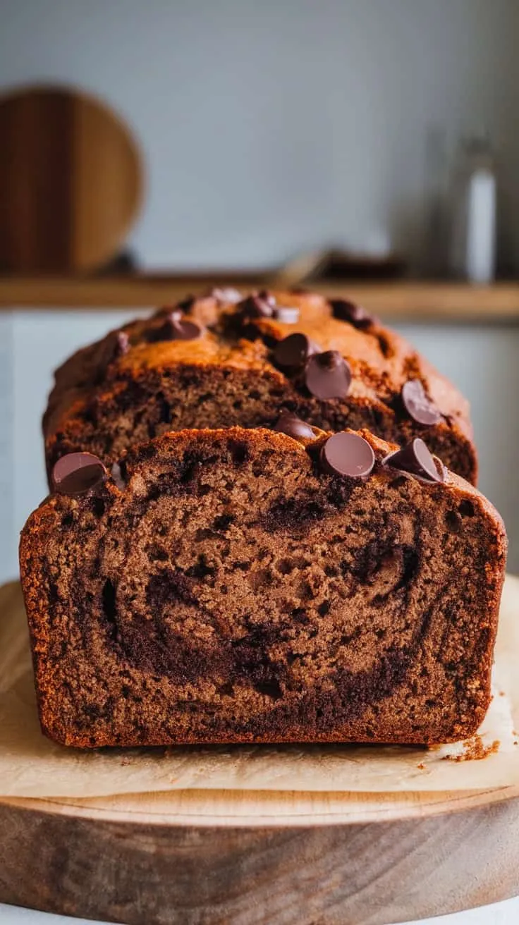 Loaf of chocolate chip cinnamon swirl banana bread sliced on a wooden cutting board.