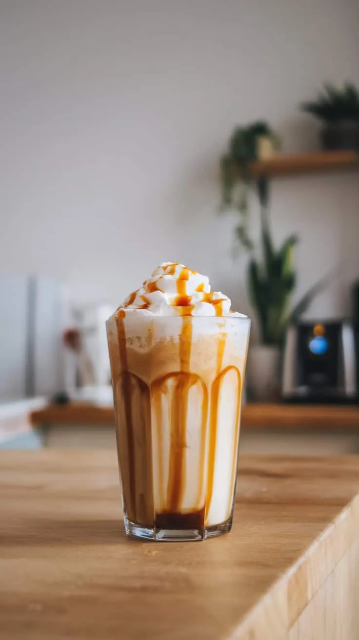 A glass of caramel cottage cheese frappe topped with whipped cream and caramel drizzle