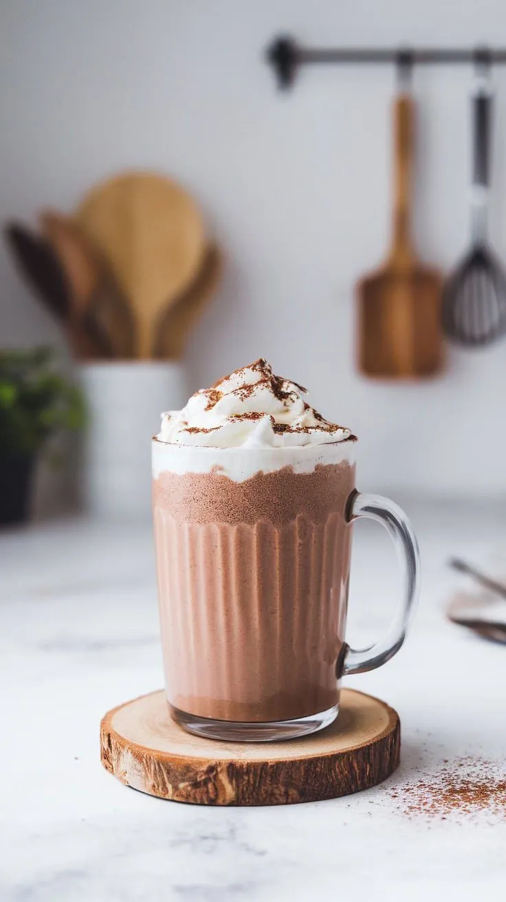 A mug of cottage cheese hot chocolate topped with whipped cream and sprinkled with cocoa powder, sitting on a wooden coaster.