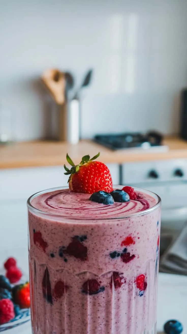 A creamy berry smoothie topped with a strawberry and blueberries.