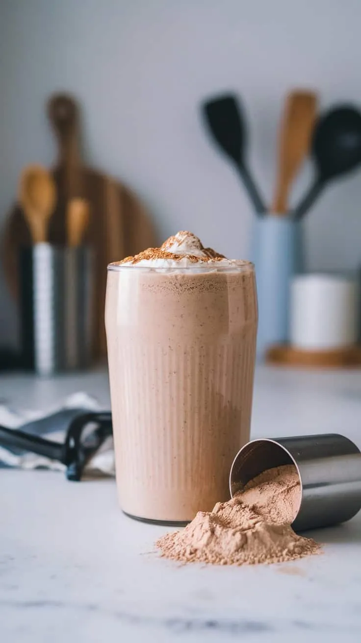 A creamy cottage cheese protein shake in a glass, with a scoop of protein powder spilled beside it.