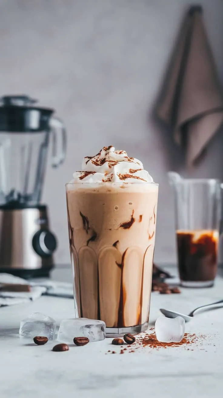 A creamy iced coffee shake topped with whipped cream and chocolate drizzle in a glass.
