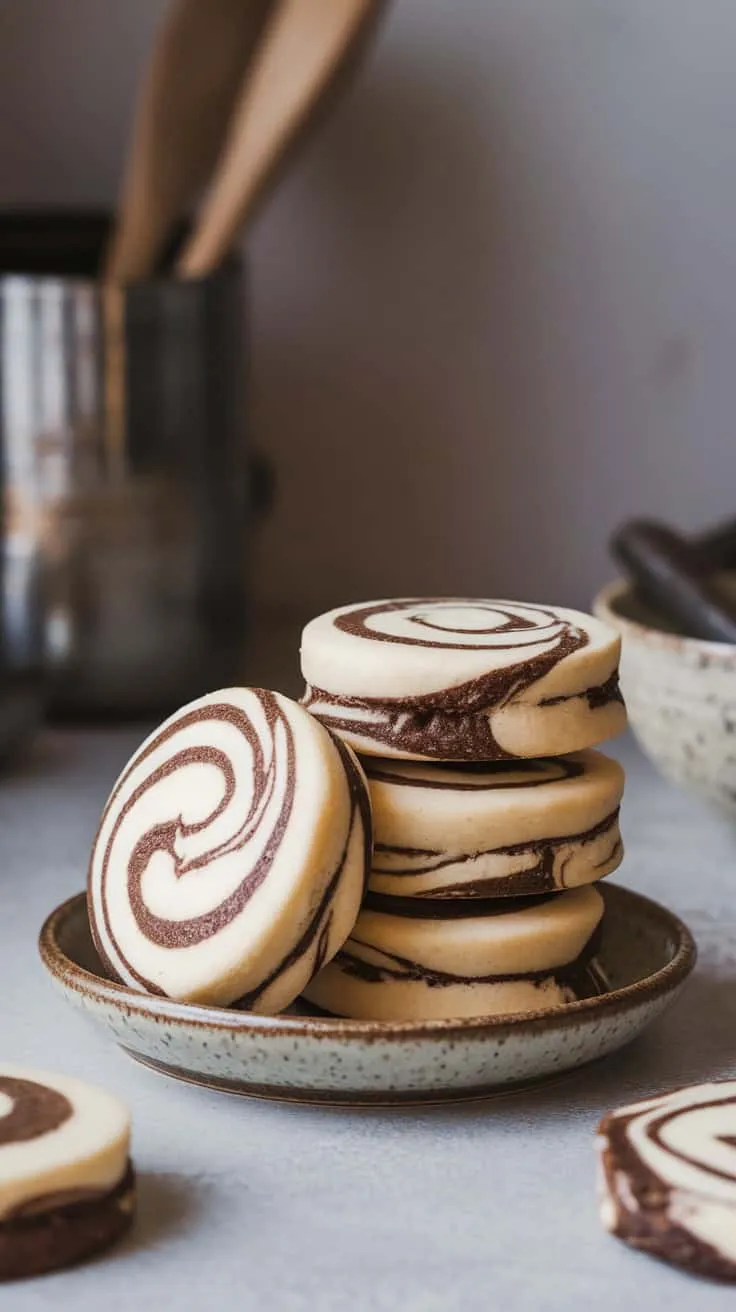A plate of cappuccino swirl cookies stacked with a beautiful swirl pattern