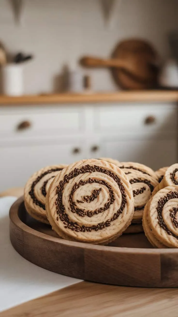 Black Sesame Espresso Pinwheel Shortbread Cookies on a wooden platter
